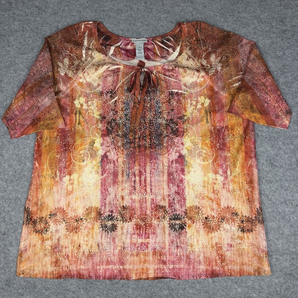 Catherines Short Sleeve Tie Neck Mesh Layered Abstract Boho Blouse Size 1X